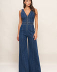 V-Neck Wide Leg Jumpsuit- Medium Indigo