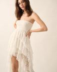 Strapless Lace Hi-Low Maxi Dress- White-
