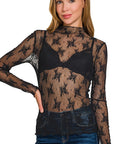 Sheer Lace Applique Top- Black