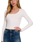 Ribbed Boat Neck Long Sleeve Top- White-