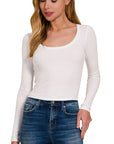 Ribbed Boat Neck Long Sleeve Top- White-