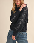 Embroidered Sleeve Sweater- Charcoal-