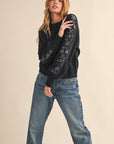 Embroidered Sleeve Sweater- Charcoal-