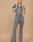 Short-Sleeve Denim Jumpsuit- Distressed Grey