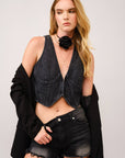 Denim V-Neck Vest- Black-