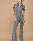 Short-Sleeve Denim Jumpsuit- Distressed Grey