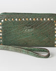 Studded Leather Zip Wallet with Strap: Green: NMBGZ110E