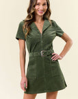 Short Sleeve Corduroy Dress- Olive