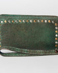 Studded Leather Zip Wallet with Strap: Green: NMBGZ110E