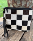 Checkered Cowhide Make Up Toiletry Bag Wristlet: Black