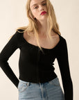 Square-Neck Ribbed Zipped Top- Black