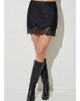 Satin Lace Trim Skirt- Black