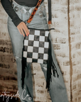 Stockyard Checkered Cowhide Fringe Purse, Black & White