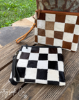 Checkered Cowhide Make Up Toiletry Bag Wristlet: Black