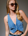 Denim V-Neck Vest- Medium Wash-
