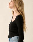 Square-Neck Ribbed Zipped Top- Black
