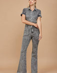 Short-Sleeve Denim Jumpsuit- Distressed Grey