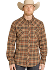 Brushed Plaid Stretch Shirt- Tan