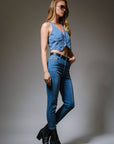Denim V-Neck Vest- Medium Wash-