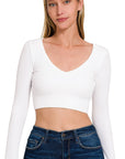 Long Sleeve VNeck Crop Top- NT-6358- White