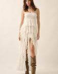 Strapless Lace Hi-Low Maxi Dress- White-