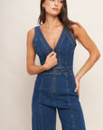 V-Neck Wide Leg Jumpsuit- Medium Indigo