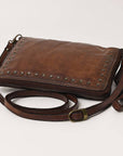 Leather Crossbody Wallet Bag with Studs: Brown: SWC197BRN
