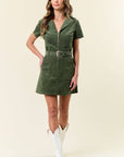 Short Sleeve Corduroy Dress- Olive