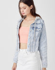 Plus Distressed Denim Jacket with Removeable Hood - XRDJ1109- Light Wash