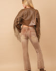 Faux Leather Cropped Eyelet Fringe Jacket- 61242J- Brown