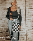 Stockyard Checkered Cowhide Fringe Purse, Black & White