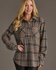Gray, Tan & White Plaid Button Up