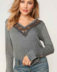 Ribbed V-Neck with Lace Trim Neck- Grey-