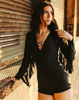 Satin Fringe Stretch Romper- Black