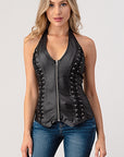 Lace-Up Detail Leather Halter- L3920- Black