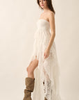 Strapless Lace Hi-Low Maxi Dress- White-