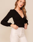V-Neck Ruched Side LongSleeve- Black
