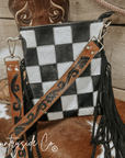 Stockyard Checkered Cowhide Fringe Purse, Black & White