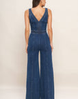 V-Neck Wide Leg Jumpsuit- Medium Indigo