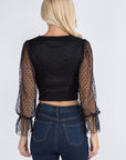 V-Neck Top with Sheer Dotted Sleeve-