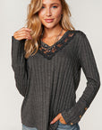 PLUS- Ribbed V-Neck with Lace Trim Neck- Charcoal-