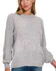 Chenille Balloon Sleeve Sweater- TW-3419A- Light Grey-
