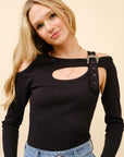 Ribbed Cut-Out Buckle Shirt- Black
