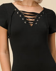 Lace Up Front Detail Short Sleeve Mini Dress