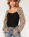 PLUS- Ribbed Balloon Floral Sleeve Top- Black-
