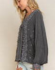 Washed Floral Lace Tunic Top- Black