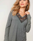 Ribbed V-Neck with Lace Trim Neck- Grey-