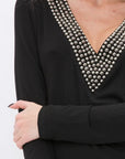 Bejeweled V-Neck Long Sleeve - Black