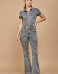 Short-Sleeve Denim Jumpsuit- Distressed Grey