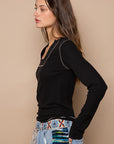Ribbed Square Neck Long Sleeve with Contrast Stitch- Black-